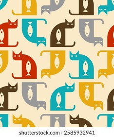 Cat and fish pattern seamless. Fish inside cat background. Baby fabric texture