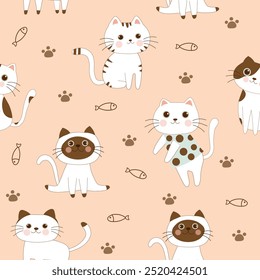 cat , fish and cat paw seamless pattern , vector , illustration 