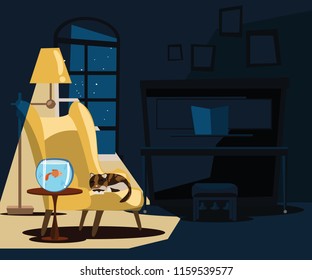 cat and fish in piano room vector illustration 
