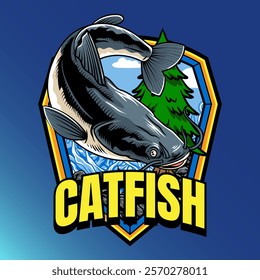 Cat Fish River Animal in Colorful Vector Cartoon Illustration for sticker badge emblem t-shirt banner invitation