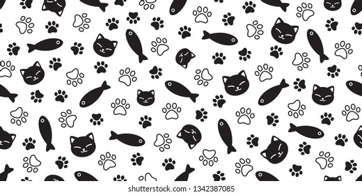 cat fish seamless pattern paw vector calico kitten salmon tuna cartoon scarf isolated repeat wallpaper tile background illustration