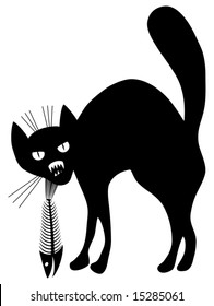 Cat and fish skeleton. Black and white contour. Vector illustration.