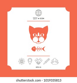 Cat with fish skeleton. Icon, logo, symbol, protect sign. Meals for pet. Element for your design