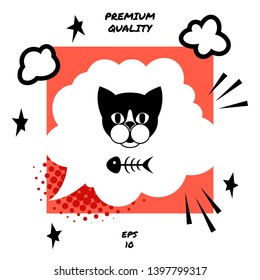 Cat with fish skeleton. Icon, logo, symbol, protect sign. Meals for pet. Element for your design