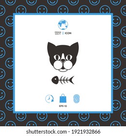 Cat with fish skeleton. Icon, logo, symbol, protect sign. Meals for pet. Element for your design