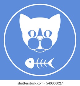 Cat with fish skeleton. Icon, logo, symbol, protect sign. Meals for pet