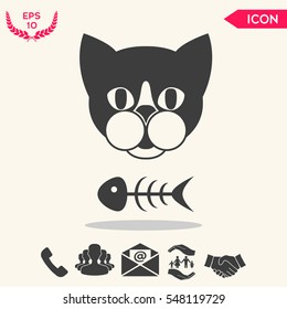 Cat with fish skeleton. Icon, logo, symbol, protect sign. Meals for pet