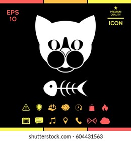 Cat with fish skeleton. Icon, logo, symbol, protect sign. Meals for pet