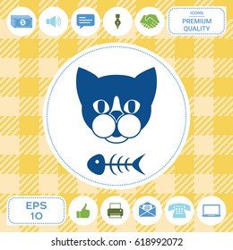 Cat with fish skeleton. Icon, logo, symbol, protect sign. Meals for pet