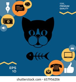 Cat with fish skeleton. Icon, logo, symbol, protect sign. Meals for pet