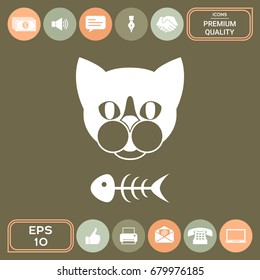 Cat with fish skeleton. Icon, logo, symbol, protect sign. Meals for pet