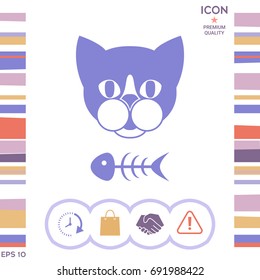 Cat with fish skeleton. Icon, logo, symbol, protect sign. Meals for pet