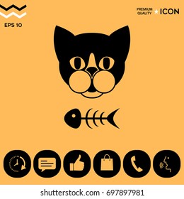 Cat with fish skeleton. Icon, logo, symbol, protect sign. Meals for pet