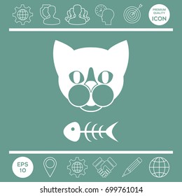 Cat with fish skeleton. Icon, logo, symbol, protect sign. Meals for pet