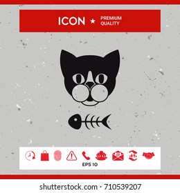 Cat with fish skeleton. Icon, logo, symbol, protect sign. Meals for pet
