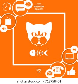 Cat with fish skeleton. Icon, logo, symbol, protect sign. Meals for pet