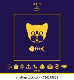 Cat with fish skeleton. Icon, logo, symbol, protect sign. Meals for pet