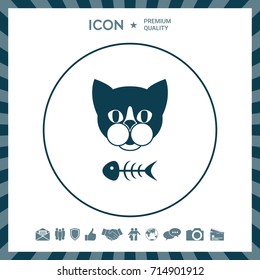 Cat with fish skeleton. Icon, logo, symbol, protect sign. Meals for pet