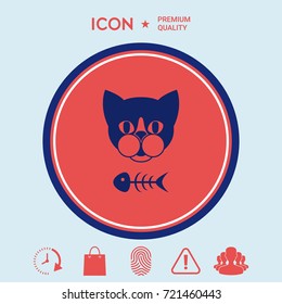 Cat with fish skeleton. Icon, logo, symbol, protect sign. Meals for pet