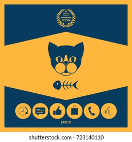 Cat with fish skeleton. Icon, logo, symbol, protect sign. Meals for pet