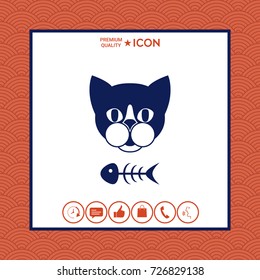 Cat with fish skeleton. Icon, logo, symbol, protect sign. Meals for pet