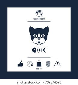 Cat with fish skeleton. Icon, logo, symbol, protect sign. Meals for pet