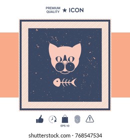 Cat with fish skeleton. Icon, logo, symbol, protect sign. Meals for pet