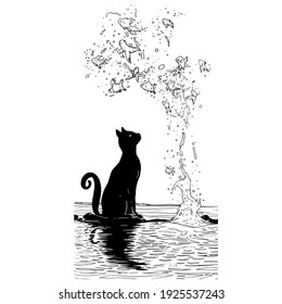 gato y pez que saltan del agua. ilustración vectorial