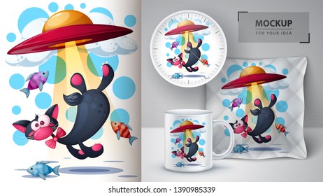 Cat  fish  ufo    mockup for your idea  Vector eps 10