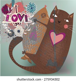 Cat with fish - valentine card.