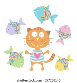 Cat and fish. Vector illustration.