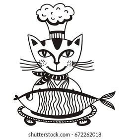 Cat with fish. Vector illustration.