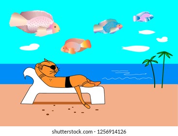 Cat and fish.A cat on the beach rests and dreams of beautiful fish.Сartoon 
funny character.Vector.
