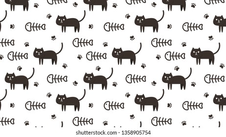 Cat and fishbone pattern vector.