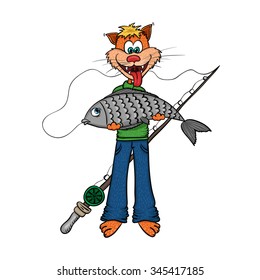 Cat fisher with big fish in his paws and with the rod behind the back