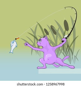cat fisherman fishing fly fishing with spinning - vector cartoon illustration