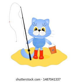 cat fisherman flat vector illustration isolated white background