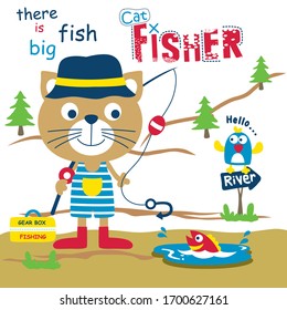 cat the fisherman funny animal cartoon,vector illustration