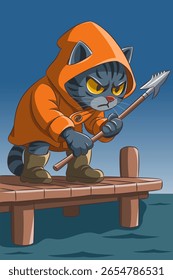Cat fisherman with harpoon on pier vector illustration