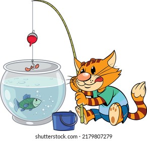 Cat fishing from aquarium.
Color vector illustration of a cartoon red cat fishing from an aquarium ball.