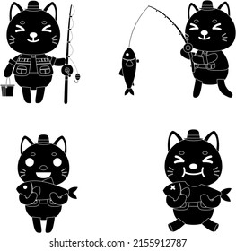 cat fishing black and white flat vector collection