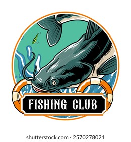 Cat Fishing Club Logo in Colorful Vector Cartoon Illustration for sticker badge emblem t-shirt banner invitation