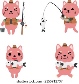 cat fishing color flat vector collection