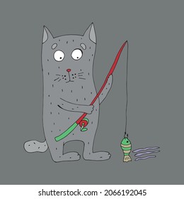 The cat is fishing with a line. The cat loves fish. Vector. Drawn by hand. Coloring pages for children and adults. Cartoon.