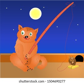 The cat fishing in the night a mouse using a rod with a piece of cheese. Vector illustration