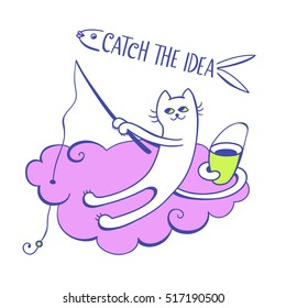 Cat is fishing on the pink cloud. Concept of the catching the idea. Vector illustration. Cute character design. Cartoon hand drawn style.
