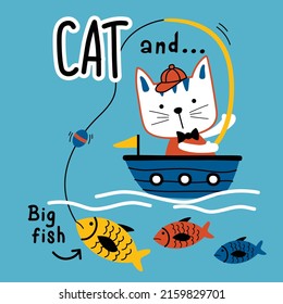 cat fishing on the sea funny animal cartoon