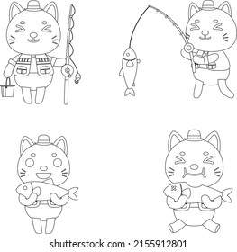 cat fishing outline flat vector collection