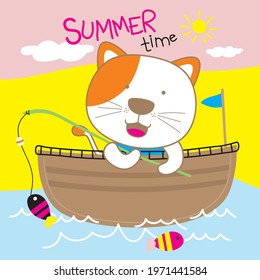 cat fishing in the sea funny animal cartoon