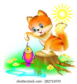 Cat is fishing, vector cartoon image